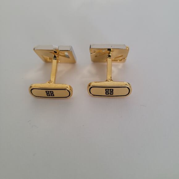 Givenchy G French Tie Bar Clip Cufflinks Set Gold Silver Tone Logo Geometric - Picture 4 of 8